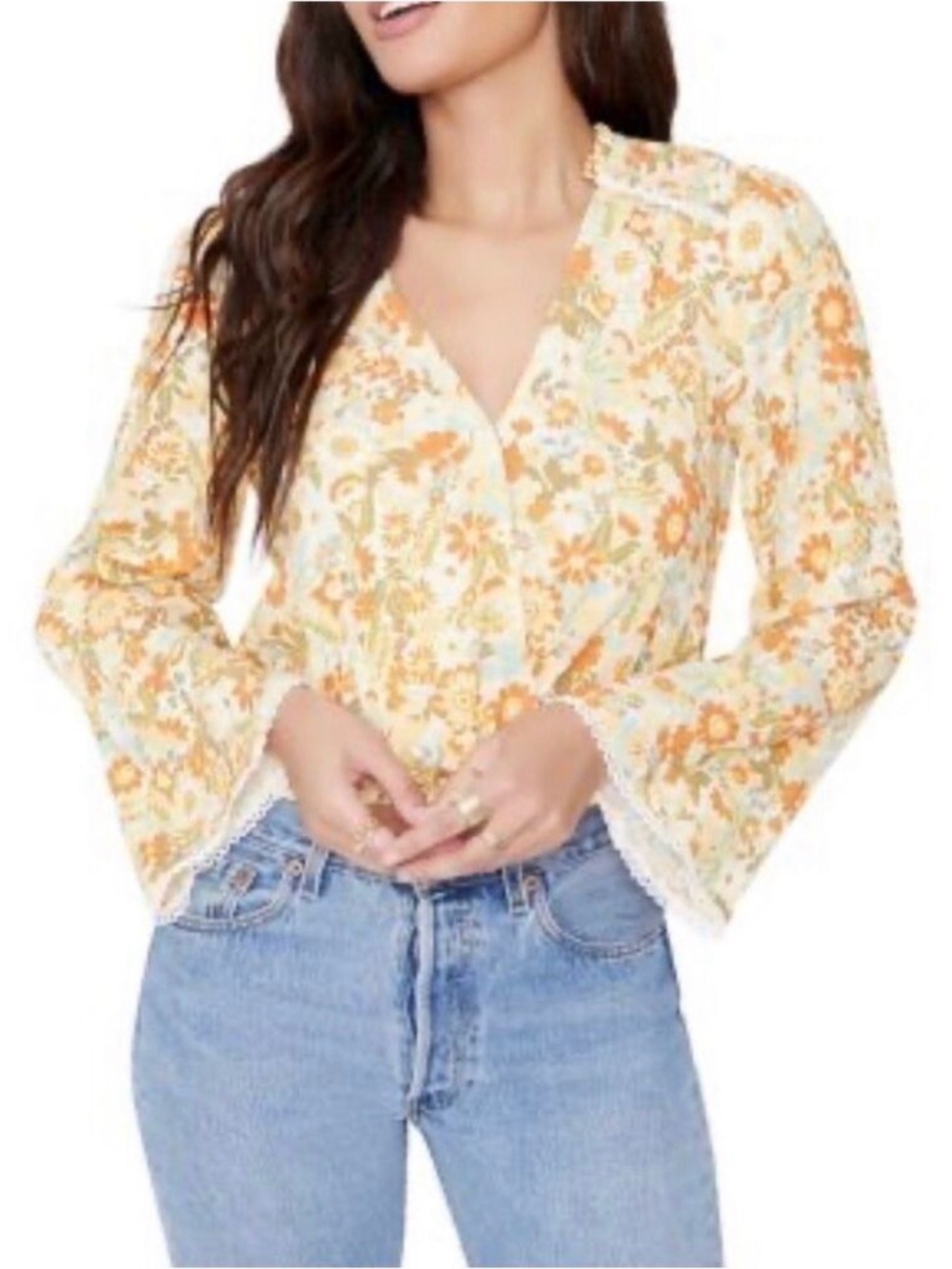 Lost + Wander prairie rose wrap look floral flare long sleeve blouse Small
